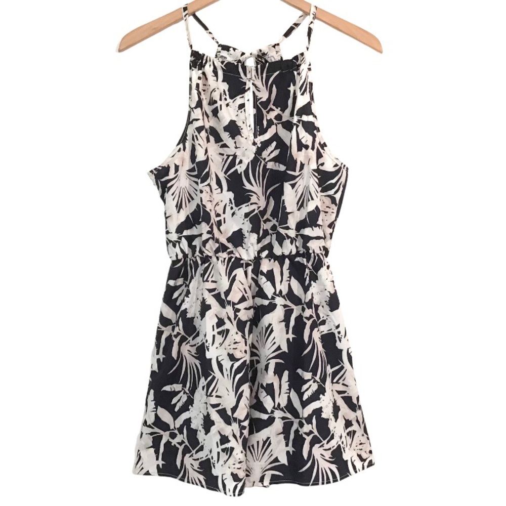 Tropical Print Romper Size S Small Tie Back Keyhole Slit Detail Black & White